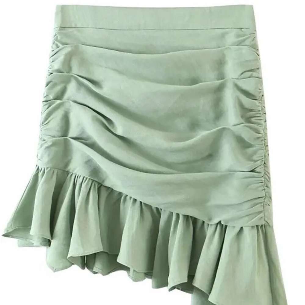 Teal Asymmetric Ruched Mini Skirt